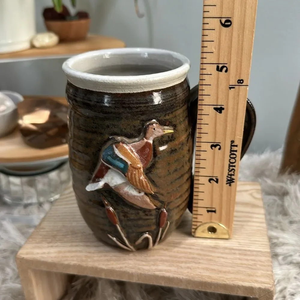 Handmade Mallard & Cattails Pottery Stoneware Coffee Tea Mug‎ Artist Stamped